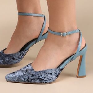 Midnight Blue Crushed Velvet Ankle Wrap Heels - Size 5.5